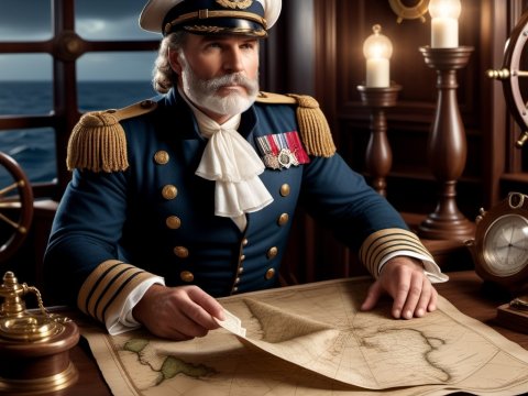 Nautical Captain Examining Vintage Map in Ship Cabin
