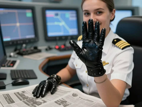 Naval Officer in Uniform Wearing Black Gloves at Control Station