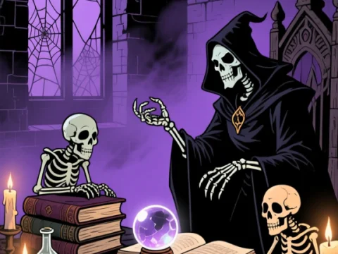 Necromancer Teaching Skeletons in a Dark Lair