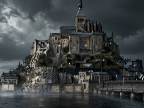 Neo Gothic Fortress by a Misty Lake Under Stormy Skies