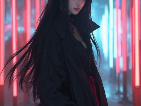 Neo Photorealistic Portrait of a Dark Fox Girl in Neon Lights