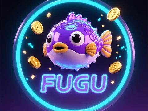 Neon 3D Purple Pufferfish with Coins and FUGU Text