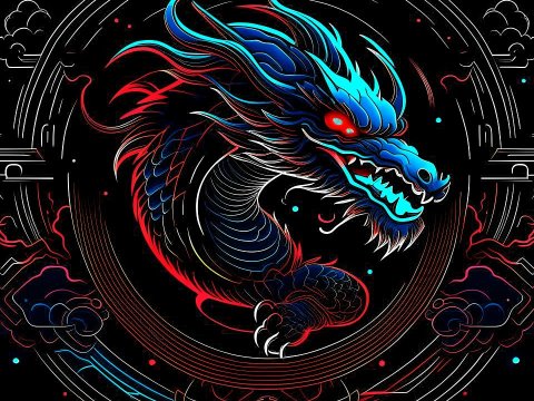 Neon Blue and Red Dragon in Dark Aesthetic Style
