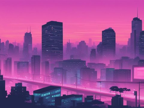 Neon Cityscape at Twilight with Pink and Purple Hues