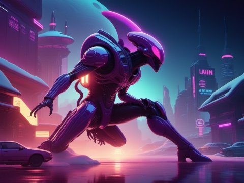 Neon Cybernetic Alien in Futuristic Cityscape