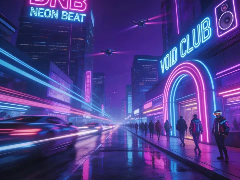 Neon Cyberpunk City Street with DNB and Void Club Signs