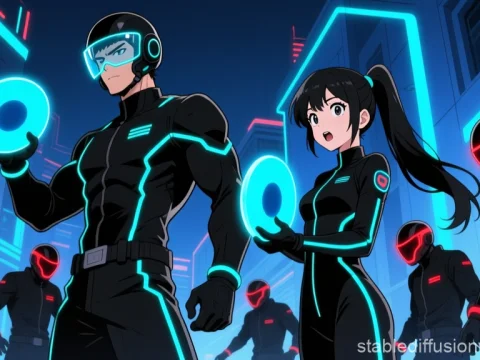 Neon Disc Throwers in Futuristic Cityscape