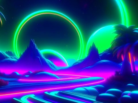 Neon Futuristic Landscape with Glowing Rings and Palm Trees