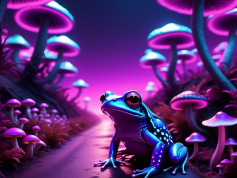 Neon Glowing Frog Among Bioluminescent Mushrooms