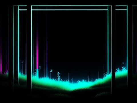 Neon Glowing Meadow at Night with Futuristic Frames
