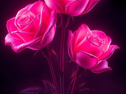 Neon Glowing Pink Roses Digital Painting