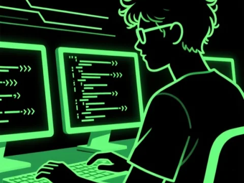 Neon Green Programmer Silhouette Coding at Dual Monitors