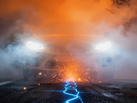 Neon Lightning Crack on Asphalt with Car Headlights in Smoke
