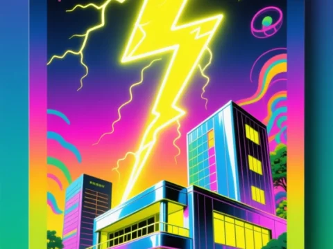 Neon Lightning Strike on Modern Building