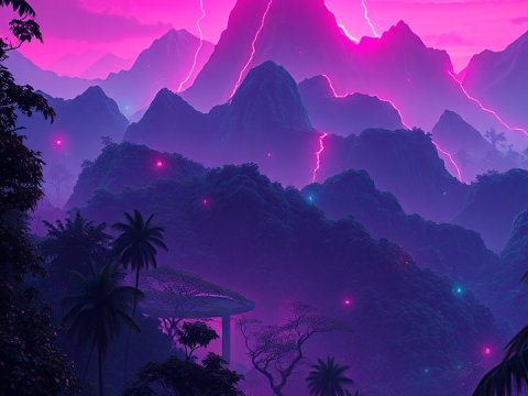 Neon Lightning Strikes Over Mystical Mountain Landscape