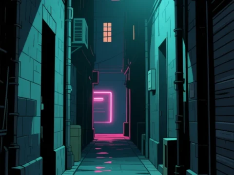 Neon-Lit Alleyway at Night