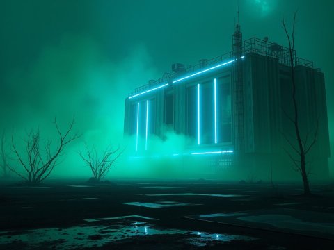 Neon-lit Building in a Foggy Desolate Landscape