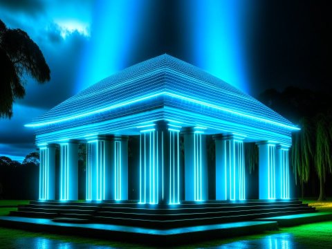 Neon-Lit Classical Temple at Night