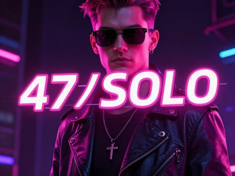 Neon-Lit Cool Young Man in Leather Jacket with 47/SOLO Text