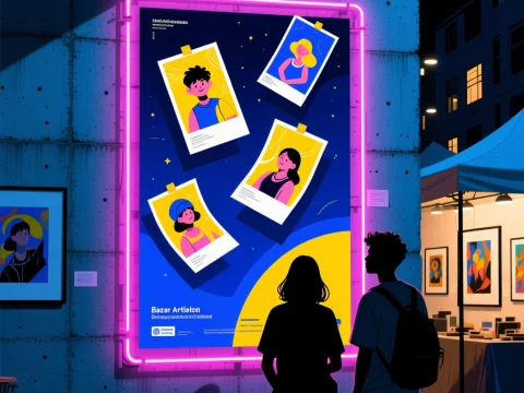 Neon-Lit Cultural Bazaar Poster with Illustrated Portraits