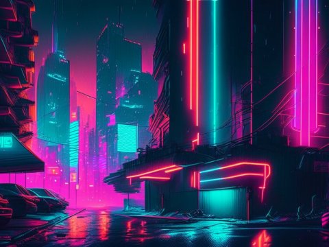 Neon-Lit Cyberpunk City Street at Night