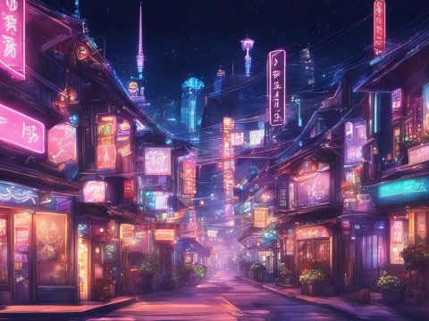 Neon-Lit Cyberpunk Street at Night