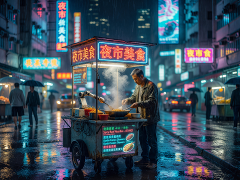 Neon-lit Cyberpunk Street Food Stall in Rainy Hong Kong
