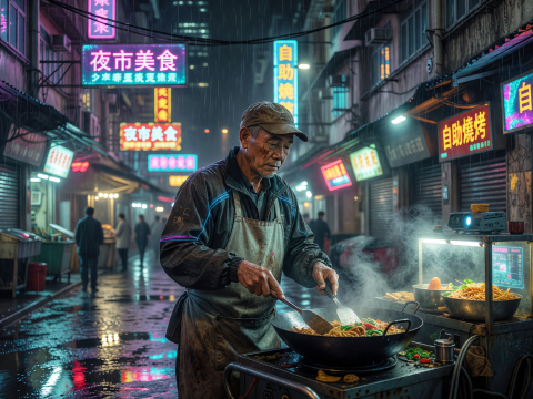 Neon-lit Cyberpunk Street Food Vendor in Rainy Night