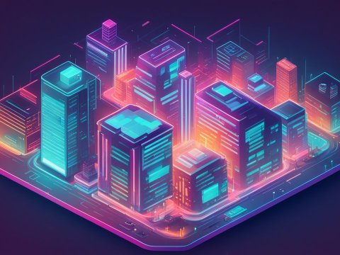 Neon-Lit Futuristic City Block in Isometric View