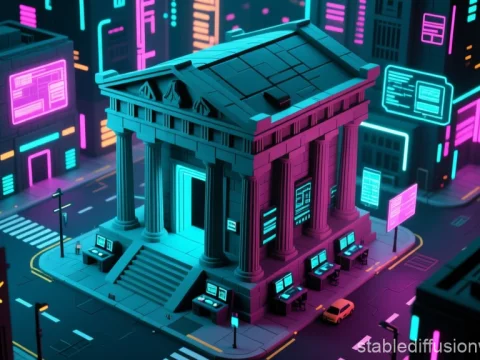 Neon-Lit Greek Temple in Cyberpunk Cityscape