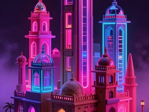 Neon-Lit Miniature Indian City Model