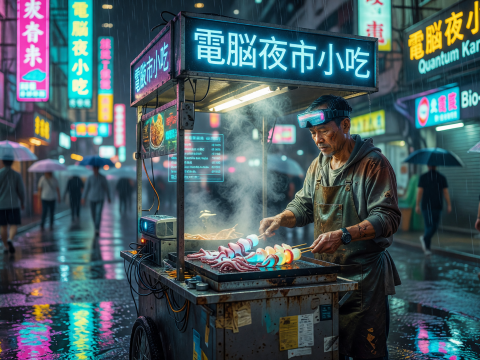 Neon-lit Night Market Street Food Vendor in Cyberpunk City