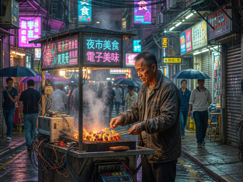 Neon-lit Night Market Street Food Vendor in Rain