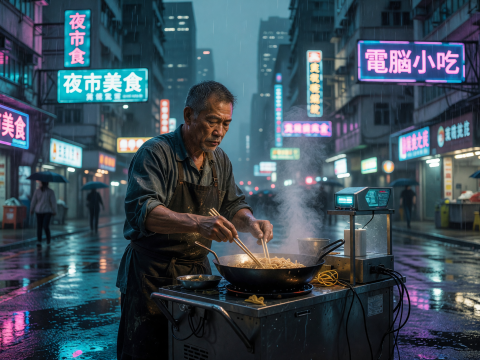 Neon-lit Night Market Street with Wok Chef Cooking in the Rain