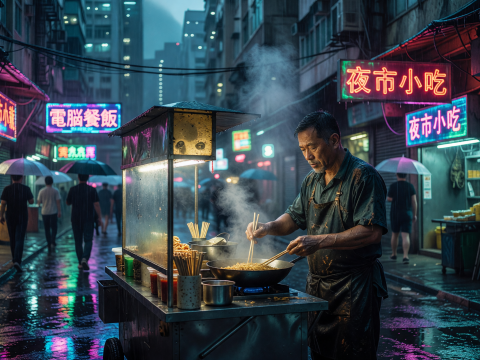 Neon-lit Night Market Vendor Cooking in Rainy Cyberpunk Alley
