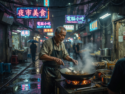 Neon-lit Night Market Vendor Cooking in Rainy Cyberpunk Alley
