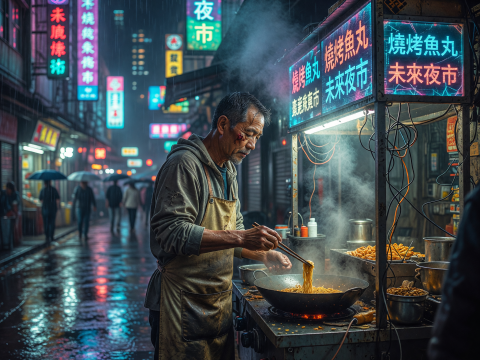 Neon-lit Night Market Vendor Cooking in Rainy Hong Kong Street