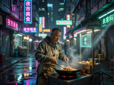 Neon-lit Night Market Vendor Cooking Noodles in Rain