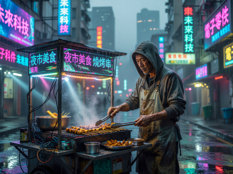 Neon-lit Night Market Vendor Grilling Skewers in Rainy City