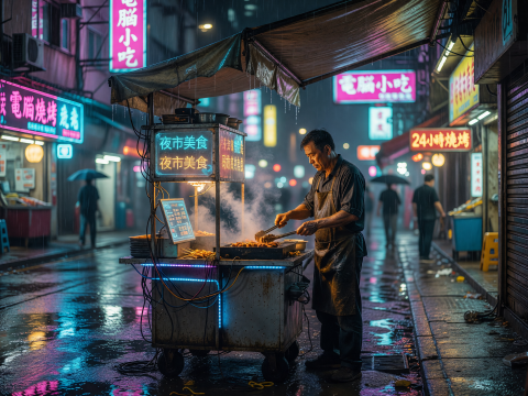 Neon-lit Night Market Vendor in Rainy Cyberpunk City