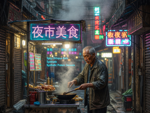 Neon-lit Night Market Vendor in Rainy Hong Kong Alley