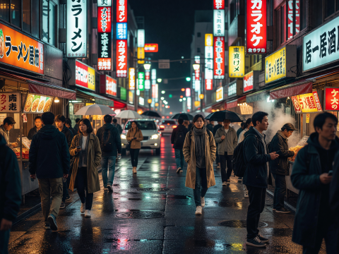 Neon-lit Night Street in Tokyo with Crowds and Reflections