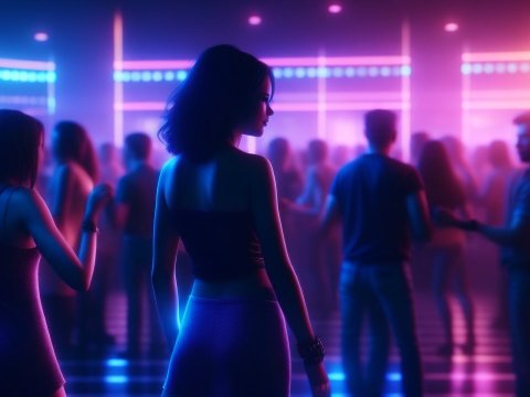 Neon-lit Nightclub Scene with Dancing Crowd