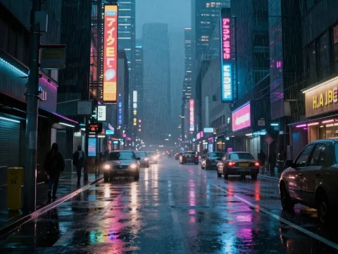 Neon-lit Rainy Street in Cyberpunk City