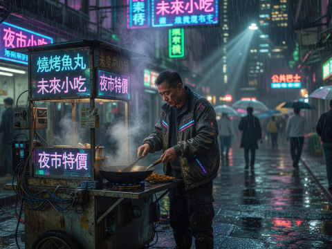 Neon-lit Street Food Vendor in Rainy Cyberpunk City