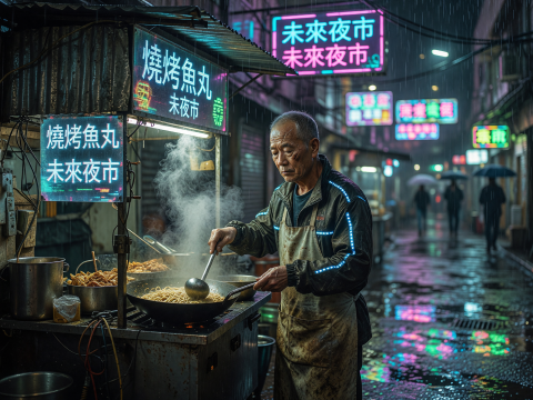 Neon-lit Street Vendor Cooking in Rainy Cyberpunk Alley