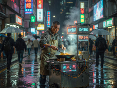 Neon-lit Street Vendor Cooking Noodles in Rainy Cyberpunk City