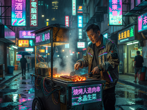 Neon-lit Street Vendor Grilling Skewers in Cyberpunk City
