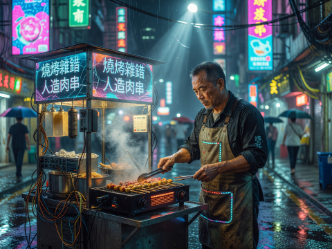 Neon-Lit Street Vendor Grilling Skewers in Rainy Hong Kong