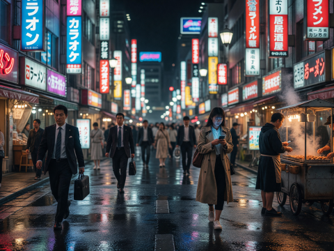 Neon-Lit Tokyo Street at Night with Busy Crowd and Food Stall